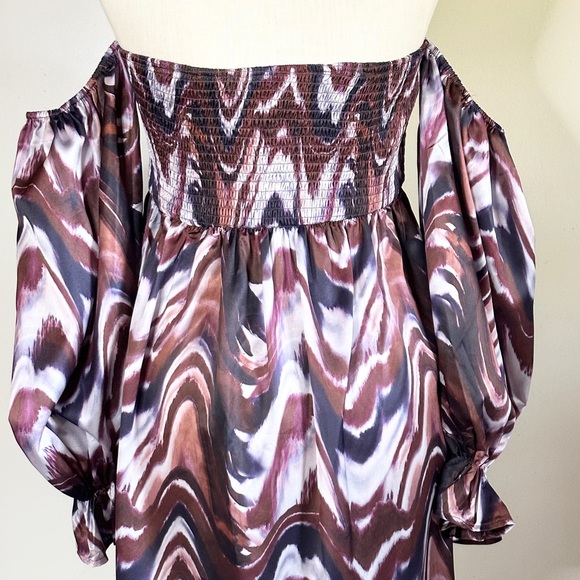 Pretty Little Thing Maternity Shirred Bardot Chocolate Mini Dress 10 - Picture 5 of 9